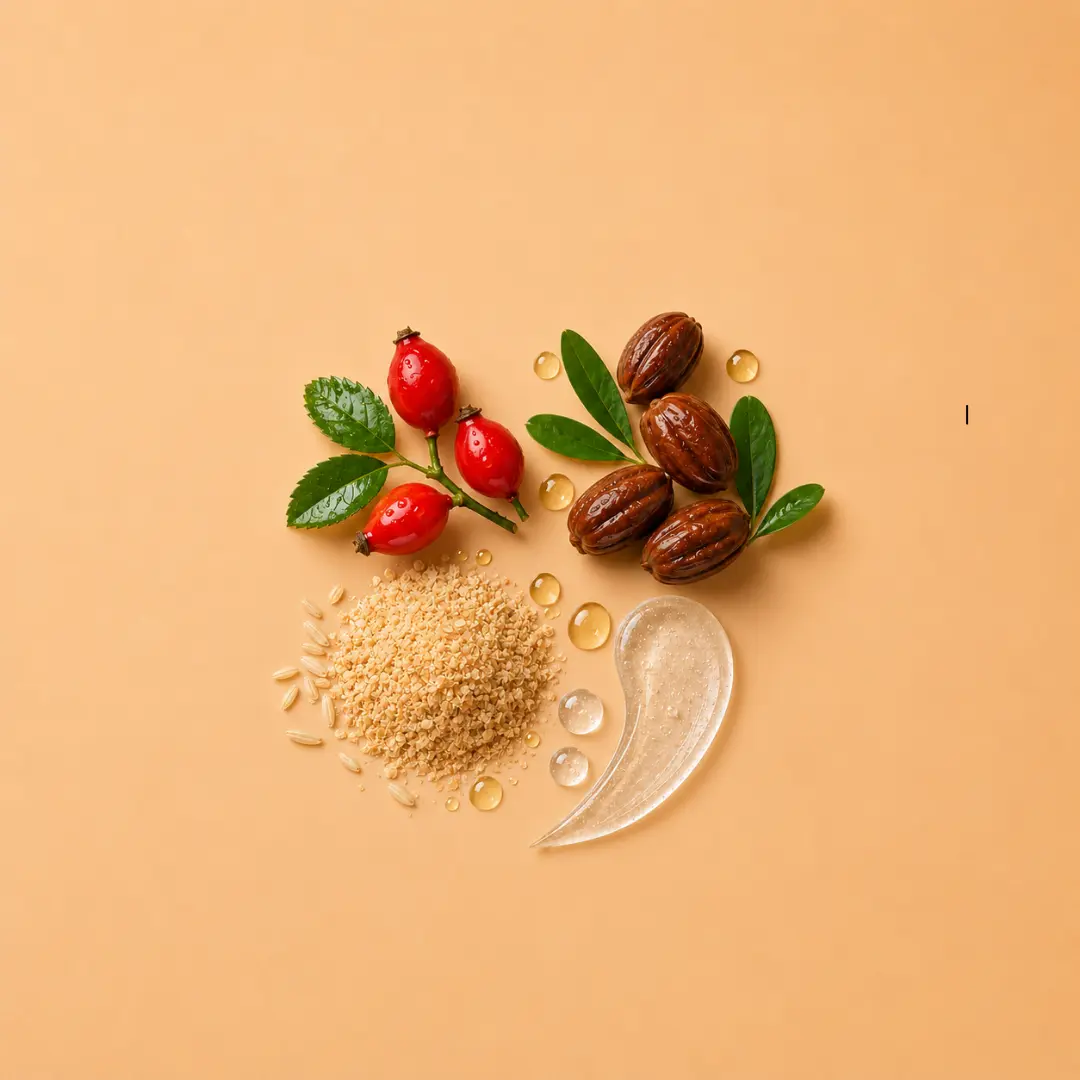Jojoba seeds and golden jojoba oil droplets on a blue background